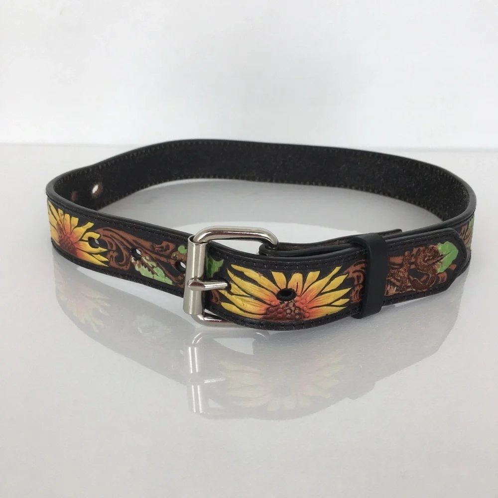 Nocona Painted Sunflower‎ Tooled Leather Western Belt Women’s Size 24 XXS